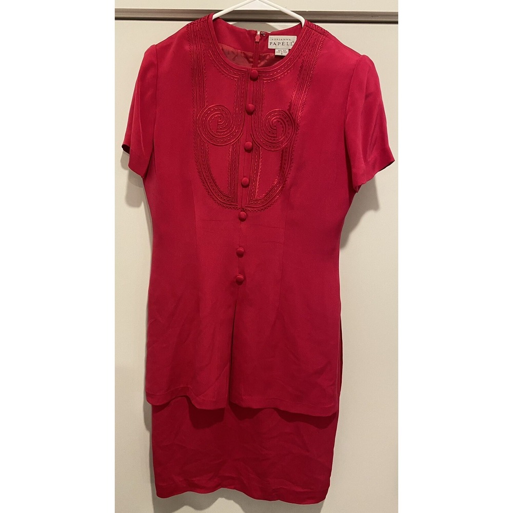 Adrianna Papell 6 Sheath Dress 100% Silk Button MIDI Top Satin Skirt Red Slip